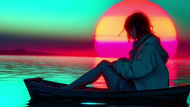 Girl Floating in a Boat under Neon Sunset. Perfect for synthwave, vaporwave, and chillwave music. Seamless looping time lapse animation video background, lo-fi art.
