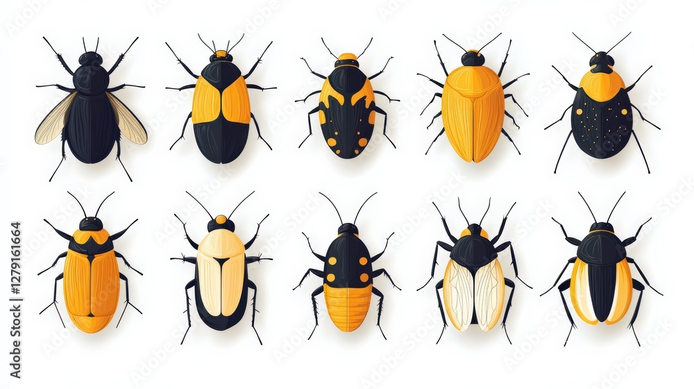 Poster collection of illustrated beetles in various colors and patterns on a white background