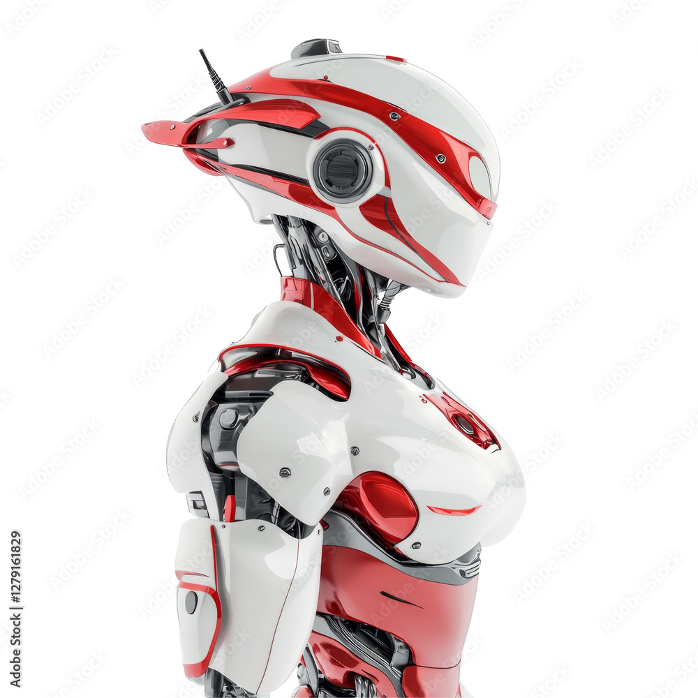 Poster futuristic white and red robot with advanced design and features