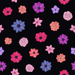 Seamless vector pattern of flowers. Background for greeting card, website, printing on fabric, gift wrap, postcard and wallpapers. Anemone, phlox flowers.