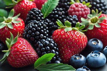 Obraz premium Fresh Mixed Berries – Strawberries, Blackberries, Blueberries in Vibrant Colors