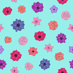 Seamless vector pattern of flowers. Background for greeting card, website, printing on fabric, gift wrap, postcard and wallpapers. Anemone, phlox flowers.