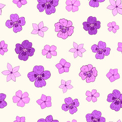 Seamless vector pattern of flowers. Background for greeting  card, website, printing on fabric, gift wrap, postcard and wallpapers. Pansy, anemone, phlox flowers.
