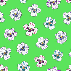 Seamless vector pattern of pansy flowers. Background for greeting card, website, printing on fabric, gift wrap, postcard and wallpapers. 