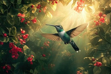 A hummingbird in flight, surrounded by vibrant red flowers and bathed in sunlight, creates a magical scene.