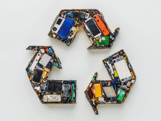 A recycling symbol made from old smartphones and other electronic devices.