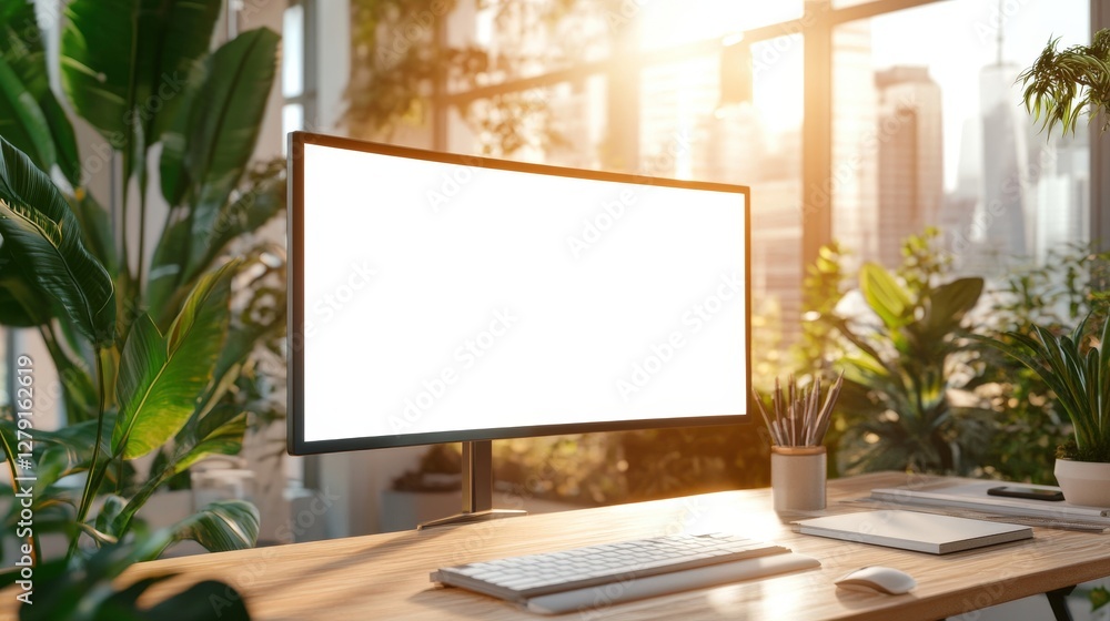 Poster modern workspace with blank computer screen and plants