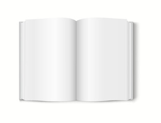 Realistic 3D mockup of an open book with blank pages, ideal for showcasing book content.