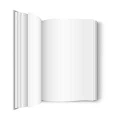 3D realistic mockup of an open book with blank pages and a soft cover, designed for book design previews.