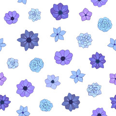 Seamless vector pattern of blue flowers. Background for greeting card, website, printing on fabric, gift wrap, postcard and wallpapers. Anemone, phlox flowers.