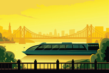 A sleek, modern ferryboat traverses a wide river, passing beneath a majestic bridge on a sunny day.  The scene showcases contemporary architecture and efficient transportation.