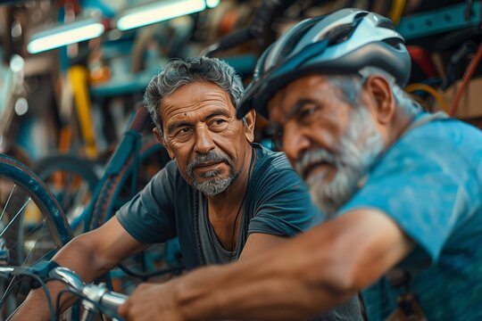 Two men discussing bicycle repairs in a workshop, showcasing friendship and teamwork. - Powered by Adobe