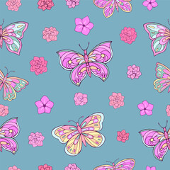 Seamless vector pattern with butterfly and flowers. Decoration print for wrapping, wallpaper, fabric, textile. Spring background.