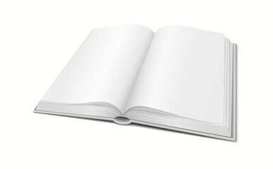 3D realistic book mockup with open pages, ideal for showcasing book designs, cover art, or content.