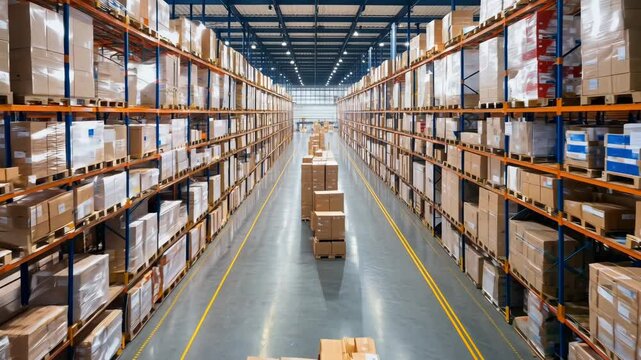 A spacious warehouse showcasing organized rows of stacked boxes and pallets ready for distribution and storage