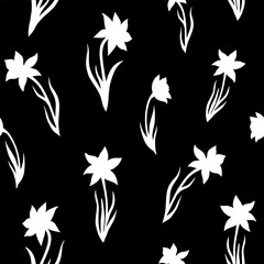 Seamless vector pattern of daffodils flowers. Background for greeting card, website, printing on fabric, gift wrap, postcard and wallpapers. Floral pattern.