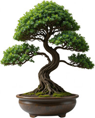 Serene Bonsai Tree Lush Green Foliage Ancient Twisted Trunk Brown Pot