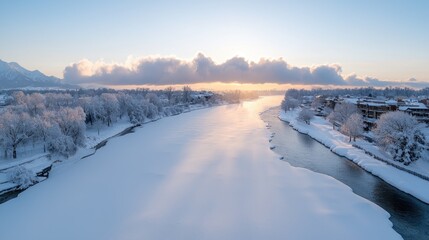 Snowy river sunrise, winter landscape, frosty trees, alpine village background