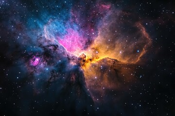 Obraz premium A vibrant nebula glows in shades of pink, blue, and gold, scattered with distant stars.