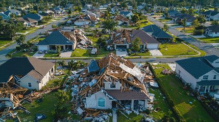 Property insurance for damage compensation and risk coverage, Hurricane damage in residential neighborhood, showing destruction