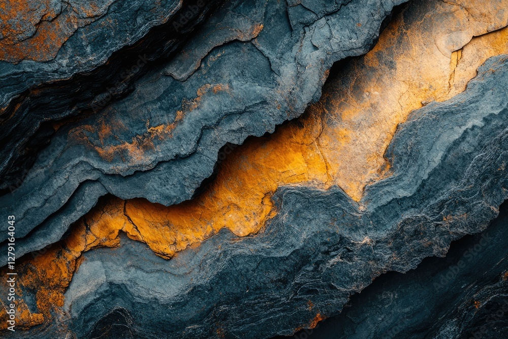Poster abstract rock formation with contrasting dark blue and golden yellow layers, creating a visually str