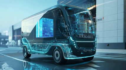 Autonomous delivery vehicle riding in a modern city environment highlighting its innovative features and urban integration