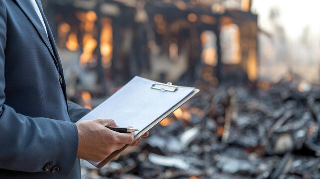 Property insurance for damage compensation and risk coverage, man assessing fire damage with clipboard in hand
