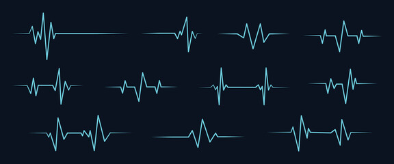 Heart rhythm set, Electrocardiogram, ECG - EKG signal, Heart Beat pulse line concept design isolated on black background