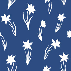 Seamless vector pattern of daffodils flowers. Background for greeting card, website, printing on fabric, gift wrap, postcard and wallpapers. Floral pattern.