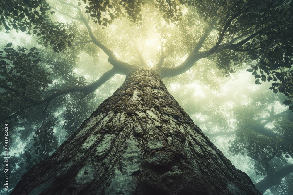 Poster a majestic ancient tree stands tall in a misty forest, sunlight filtering through the leaves.