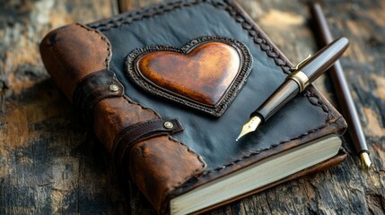 Rustic Leather Journal with Heart Detail and Fountain Pen