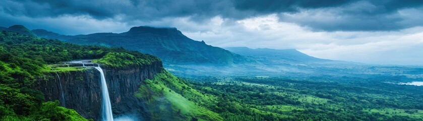 Majestic Waterfall Cascading Over Cliff Surrounded by Lush Green Forest and Mountains Under Dramatic Cloudy Sky