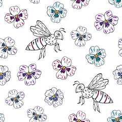 Seamless vector pattern with bees and cherry blossom flowers. Background for greeting card, website, printing on fabric, gift wrap, postcard and wallpapers. 