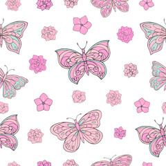 Seamless vector pattern with butterfly and flowers. Decoration print for wrapping, wallpaper, fabric, textile. Spring background.