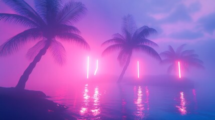 Pink Neon Lights Illuminate Tropical Palms at Dusk
