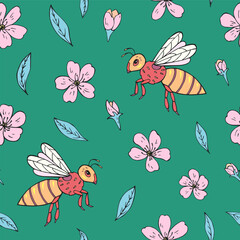Seamless vector pattern with bees and cherry blossom flowers. Background for greeting card, website, printing on fabric, gift wrap, postcard and wallpapers. 