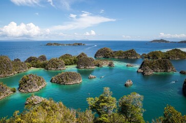Breathtaking view of Piaynemo, Raja Ampat, Indonesia. Crystal-clear turquoise waters, lush islets, and stunning coral reefs under a bright blue sky create a perfect tropical paradise.