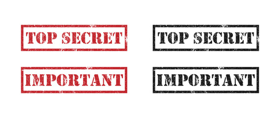 Top secret, important. Grunge style red rubber stamp.