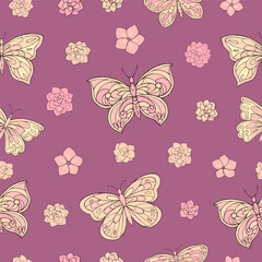 Seamless vector pattern with butterfly and flowers. Decoration print for wrapping, wallpaper, fabric, textile. Spring background.