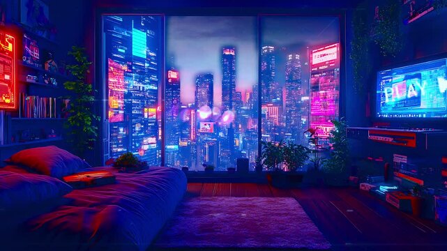 Cozy Cyberpunk Bedroom with City View. Perfect for synthwave, chillwave, and lo-fi music. Seamless looping time lapse animation video background, lo-fi art.

