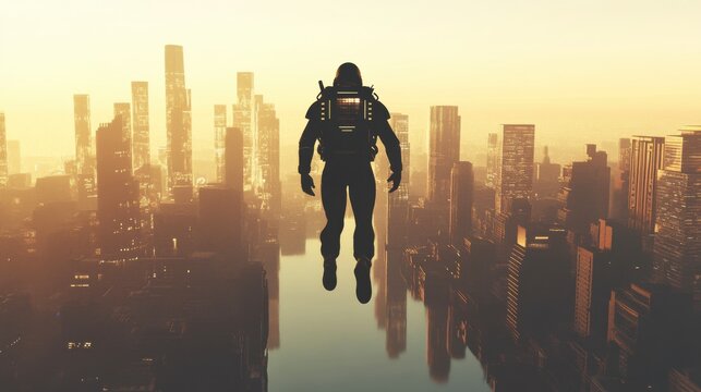 A jetpack pilot soaring above a futuristic megacity skyline, sleek and futuristic style