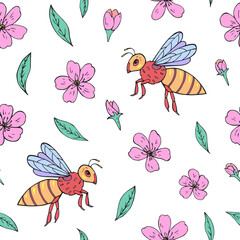 Seamless vector pattern with bees and cherry blossom flowers. Background for greeting card, website, printing on fabric, gift wrap, postcard and wallpapers. 