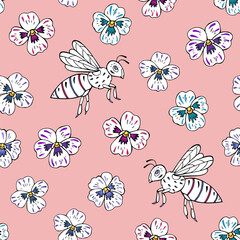 Seamless vector pattern with bees and pansy flowers. Background for greeting card, website, printing on fabric, gift wrap, postcard and wallpapers. 