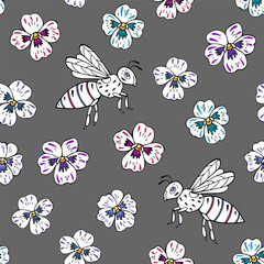 Seamless vector pattern with bees and pansy flowers. Background for greeting card, website, printing on fabric, gift wrap, postcard and wallpapers. 