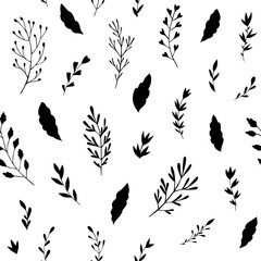 Seamless vector pattern of graphic  floral and herbal elements. Background for greeting card, website, printing on fabric, gift wrap, postcard and wallpapers. 