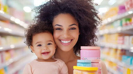 Obraz premium Happy mother and child shopping together in a colorful grocery aisle