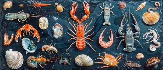 Sea creatures on a dark background, suitable for educational materials about marine fauna, as well as for interior design in marine style.