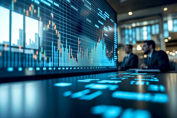 Business professionals analyzing financial data on a digital screen in a modern office environment during a meeting. Businessmen reviewing complex financial data displayed on a large digital screen