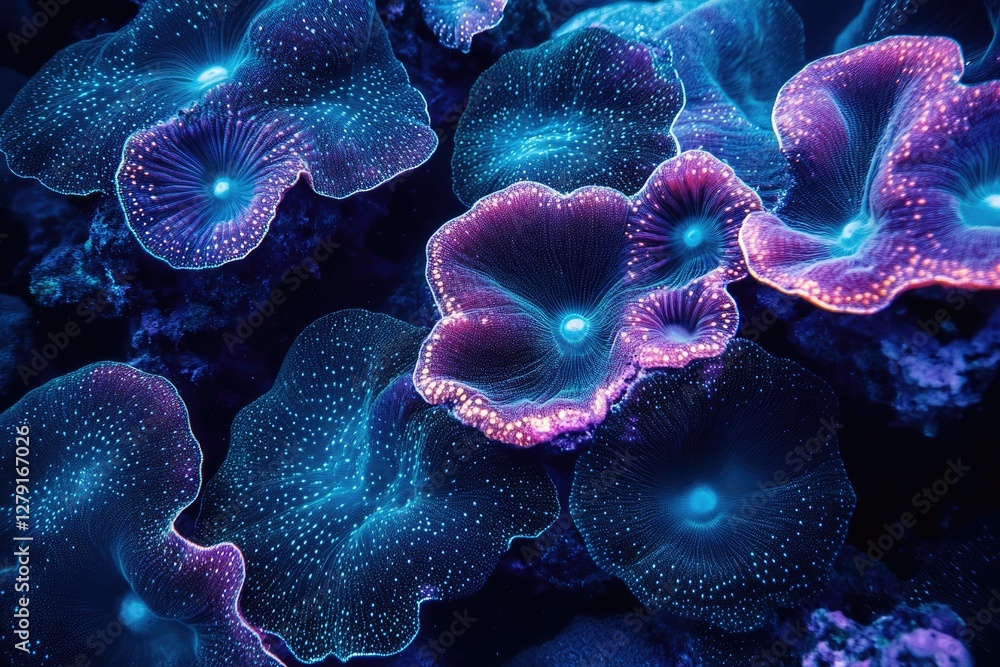 Poster vibrant bioluminescent coral polyps illuminate the ocean depths with their intricate, glowing struct