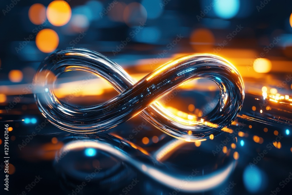 Poster a sleek, metallic infinity symbol is illuminated with colorful lights, creating a futuristic and dyn